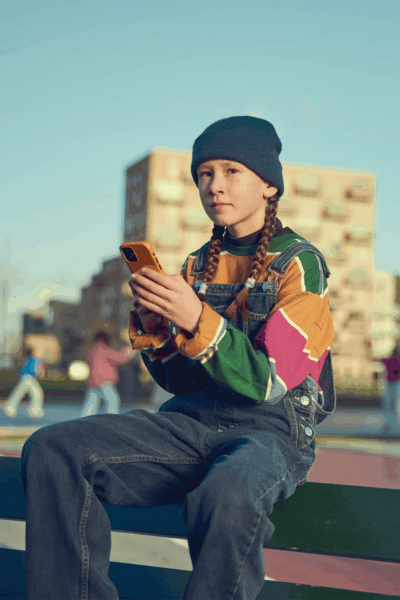 Kind zit op een randje bij een speeltuin met een telefoon in haar hand